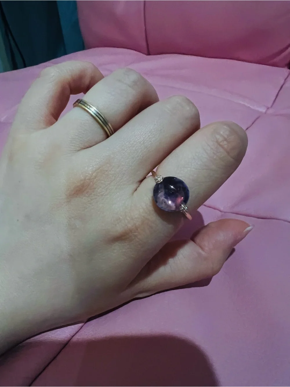 Vintage 14K Rose Gold Amethyst Cabochon Ring | Diamond Accents | Size 6.75